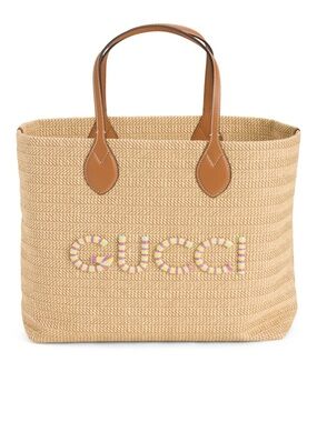 Gucci Beige Straw Tote Bag with Leather Handles